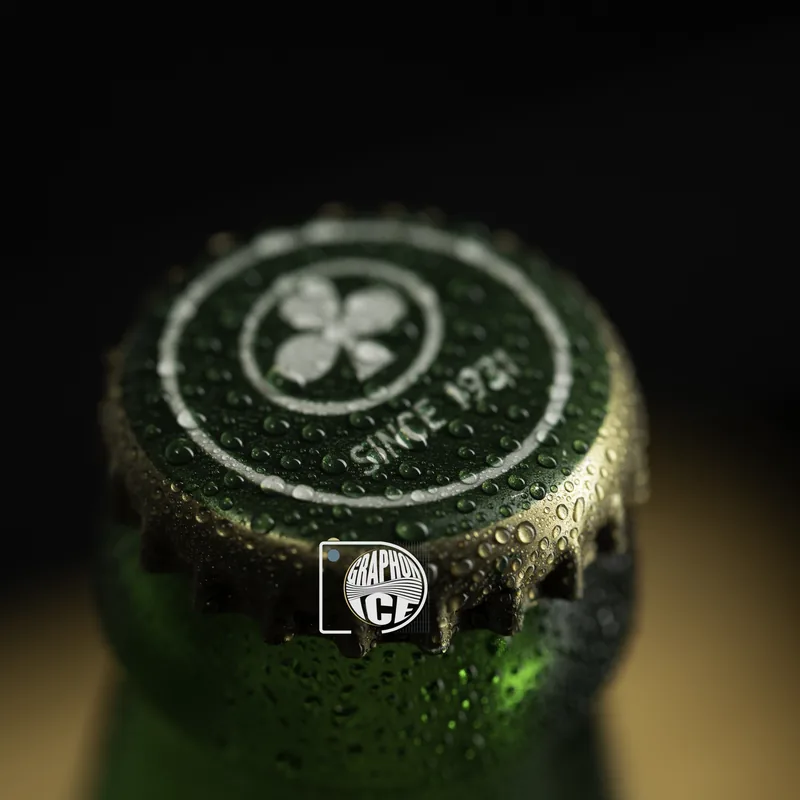 Macro of a beer bottle cap under cold condensation