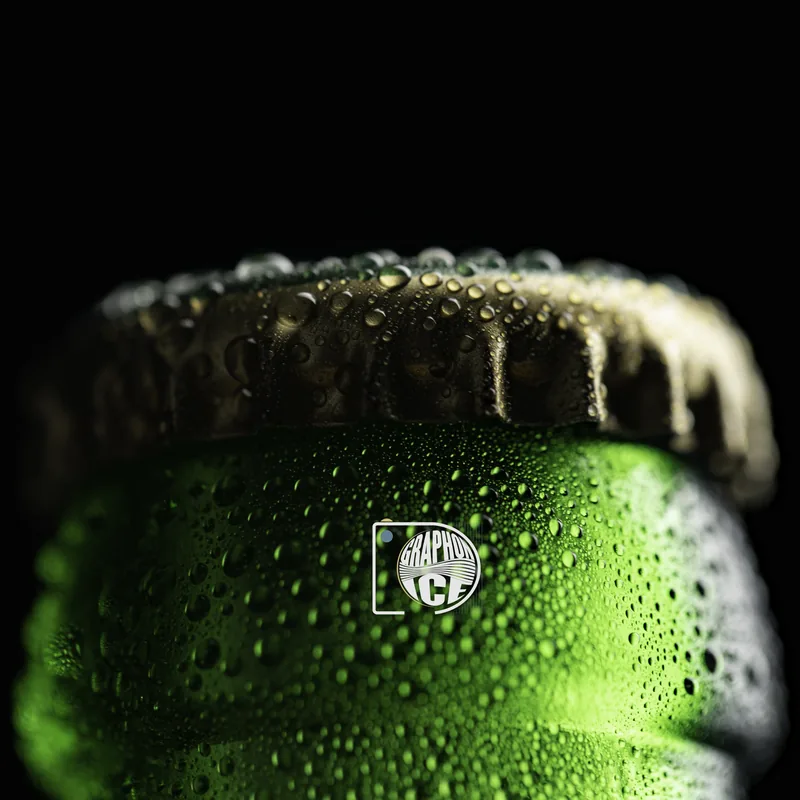 Green glass bottle neck beaded with water, shallow focus