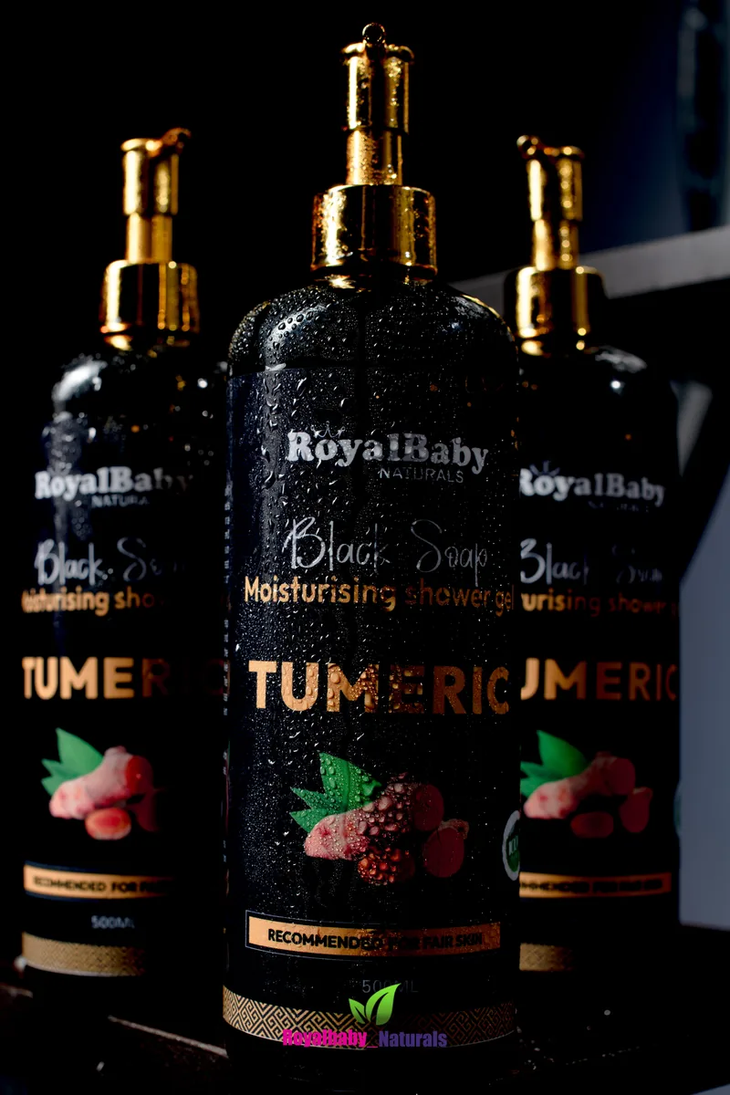 Row of amber product bottles on a dark set