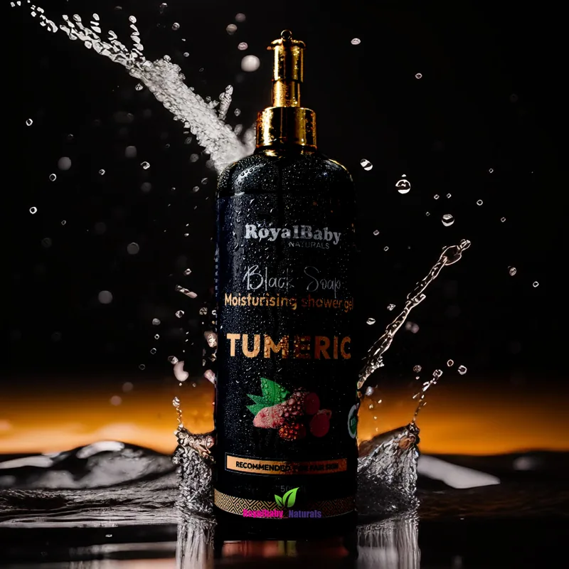 Splash of liquid around a dark product bottle
